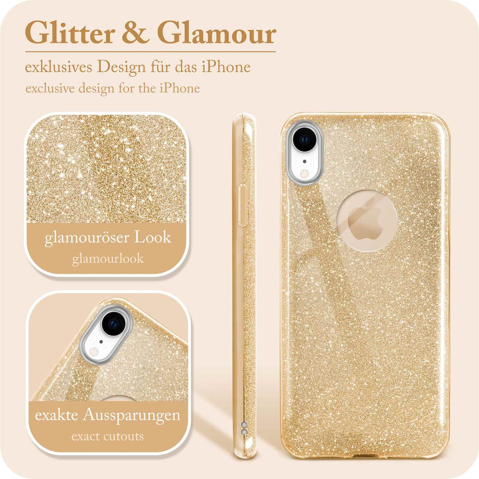 Nahaufnahme einer goldglitzernden Handyhülle. Die Hülle hat exakte Aussparungen und einen glamourösen Look.