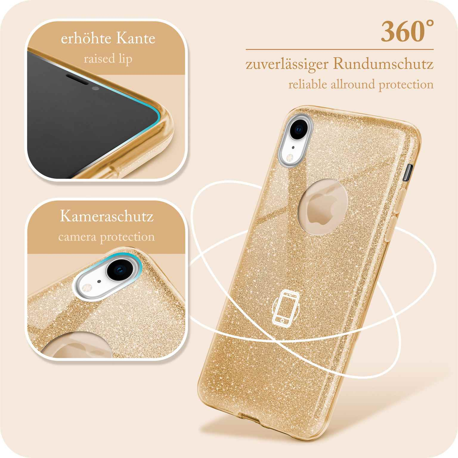 Eine goldene Handyhülle mit Schutzdesign. Sie zeigt Nahaufnahmen der Kamera und des Bildschirms.