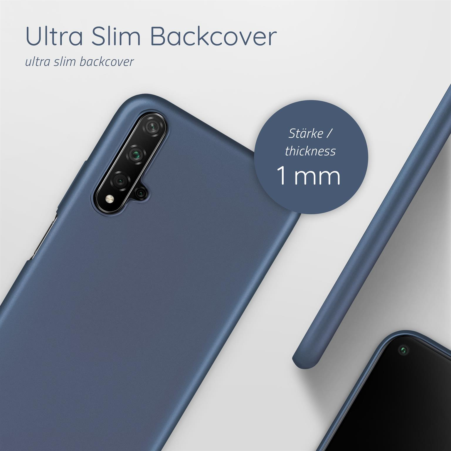 Blaue Handyhülle mit Text. Die Hülle ist 1 mm dick. Der Hintergrund ist eine einfarbige blaue Farbe.