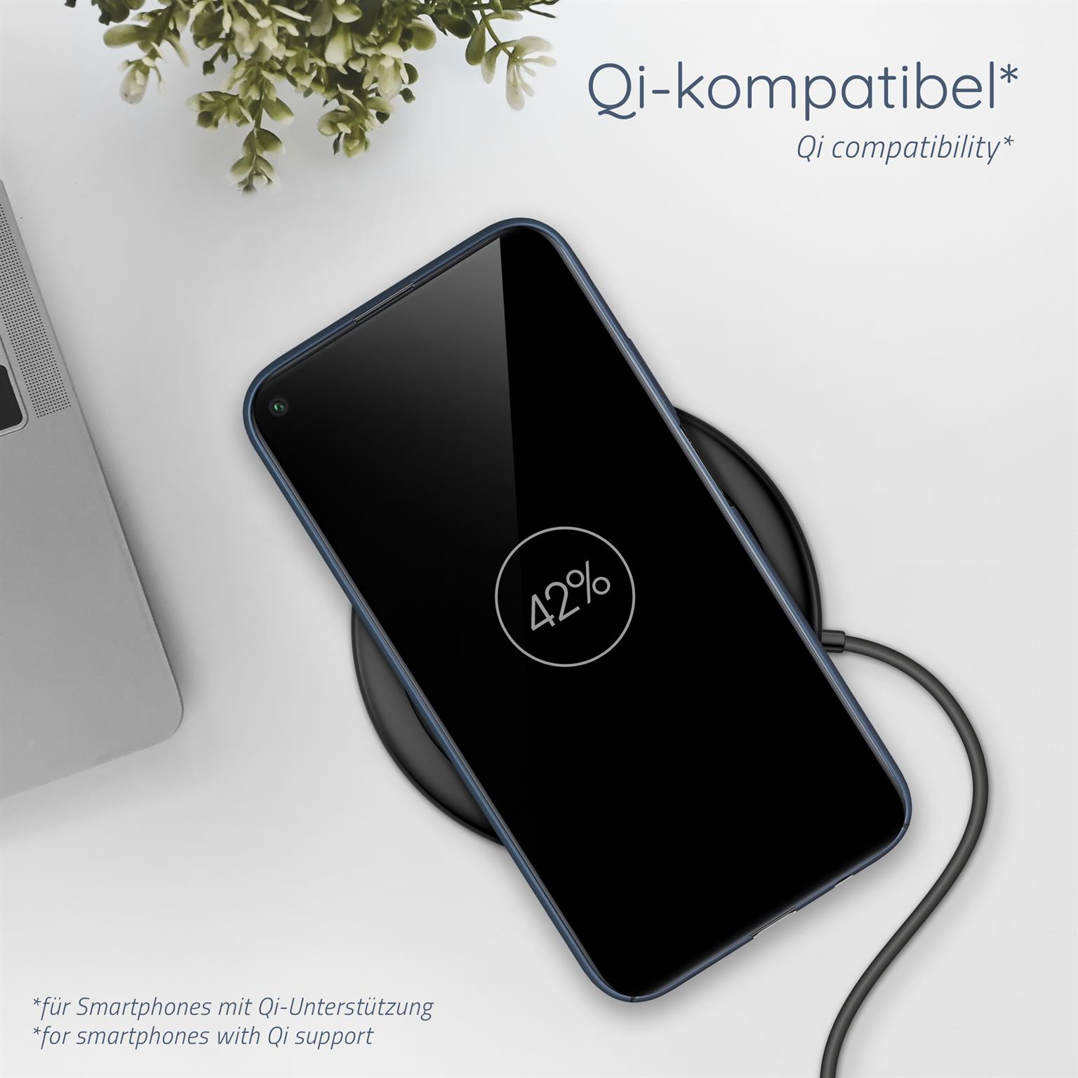 Ein schwarzes Telefon auf einem kabellosen Ladegerät, das einen Ladestand von 42 % anzeigt.