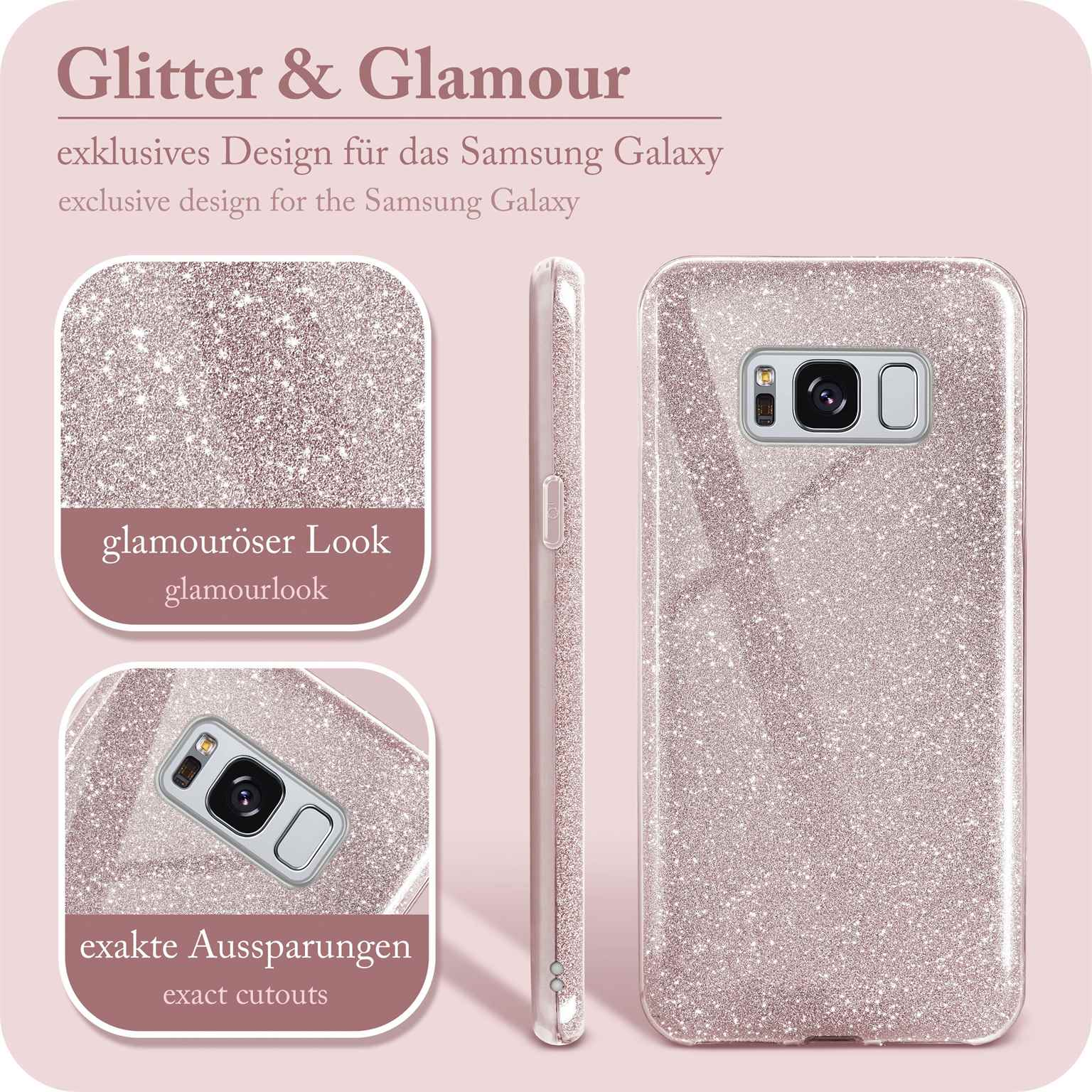 Eine Handyhülle mit Glitzereffekt. Die Hülle ist rosa und bedeckt das Telefon. Text: 'Glitter & Glamour'.