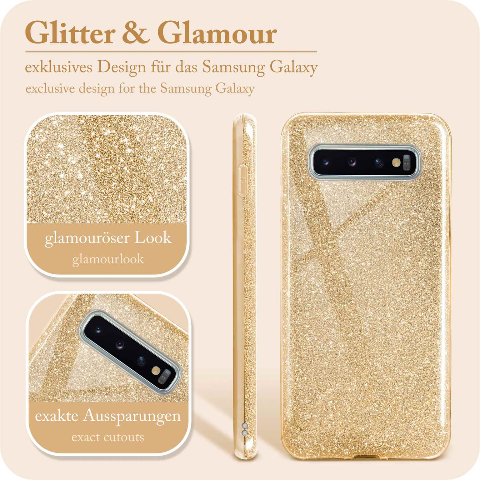 Goldene Glitzer-Handyhülle mit mehreren Ansichten. Text: Glitter & Glamour, glamouröser Look, exakte Aussparungen.