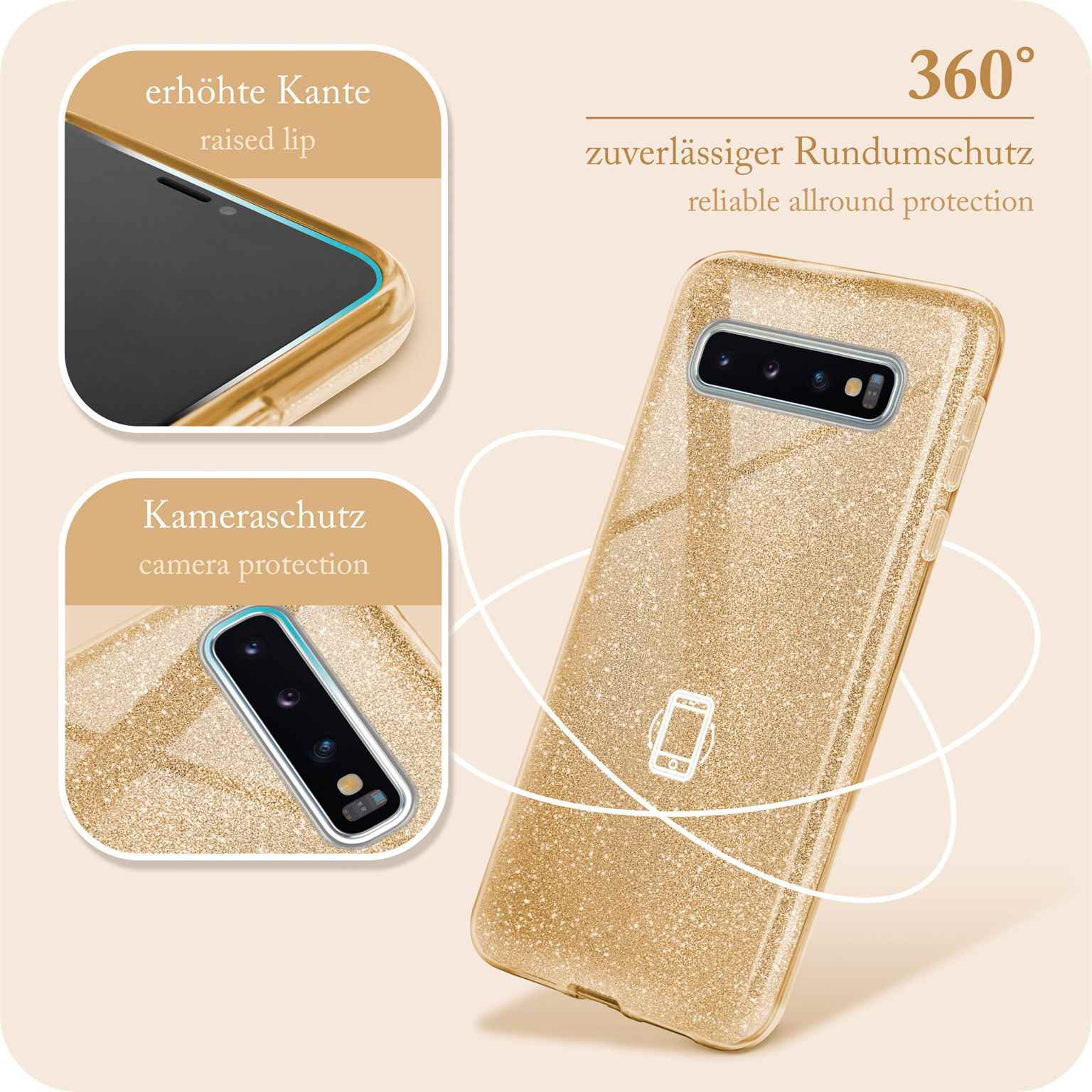 Gold-Glitzer-Handyhülle mit Telefon, zeigt Kameraschutz.