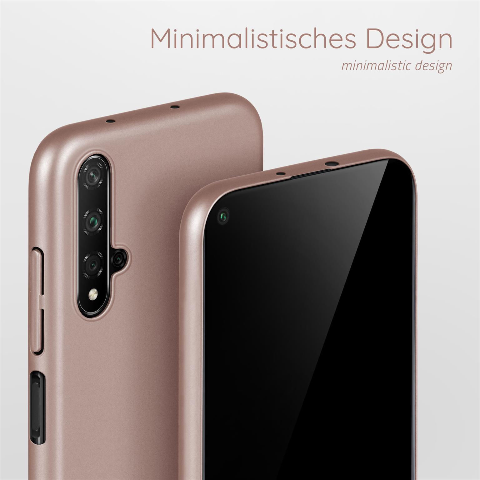 Roségoldene Handyhülle und Telefon. Minimalistisches Design Text. Weißer Hintergrund.