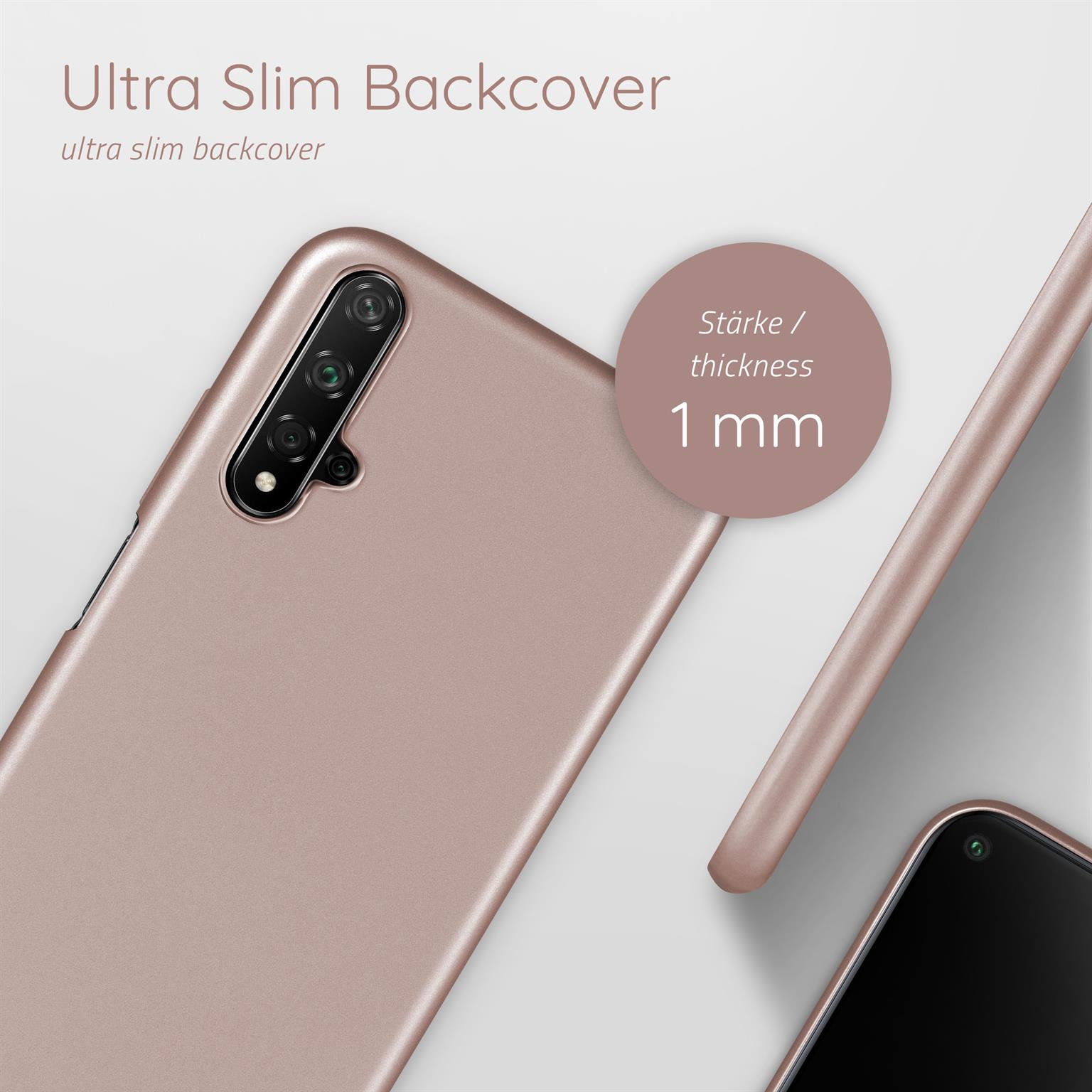 Nahaufnahme einer roségoldenen Handyhülle, die die Dicke zeigt. Telefon und Text sind sichtbar.