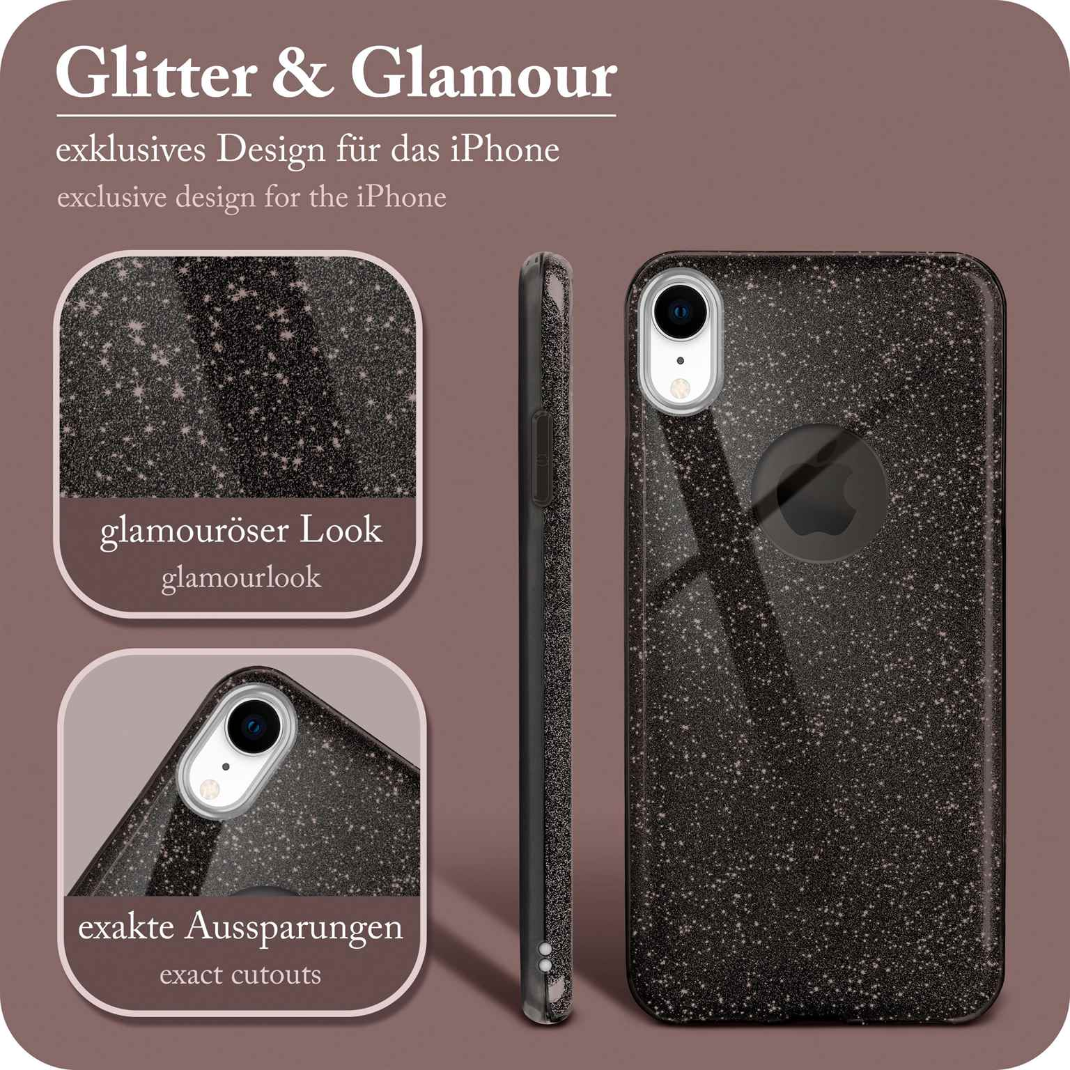 Schwarze Glitzer-Handyhülle mit Glamour-Look und exakten Aussparungen für das iPhone.