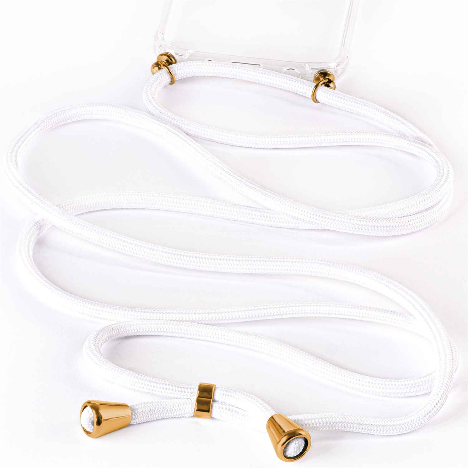Weißes Telefonband mit klarer Handyhülle und goldenen Metallenden, liegt auf weißer Oberfläche.