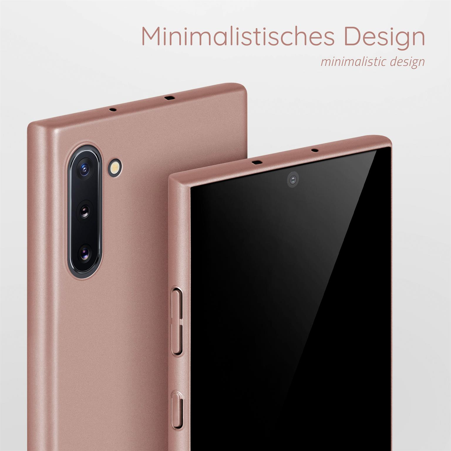 Zwei roségoldene Handyhüllen, eine zeigt ein Telefon und die andere eine Rückansicht.