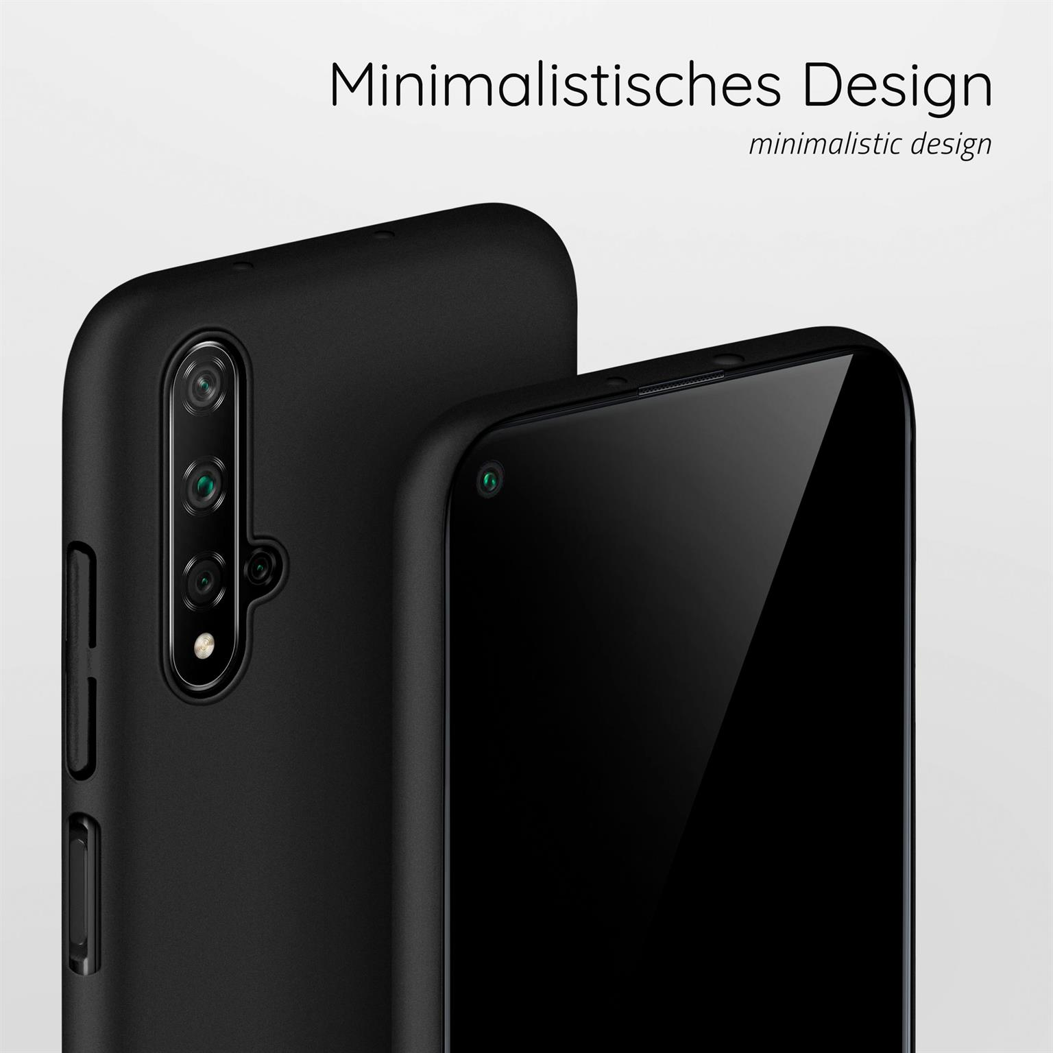 Zwei schwarze Telefone. Schwarze Hüllen. Grauer Hintergrund. Minimalistisches Design Text.