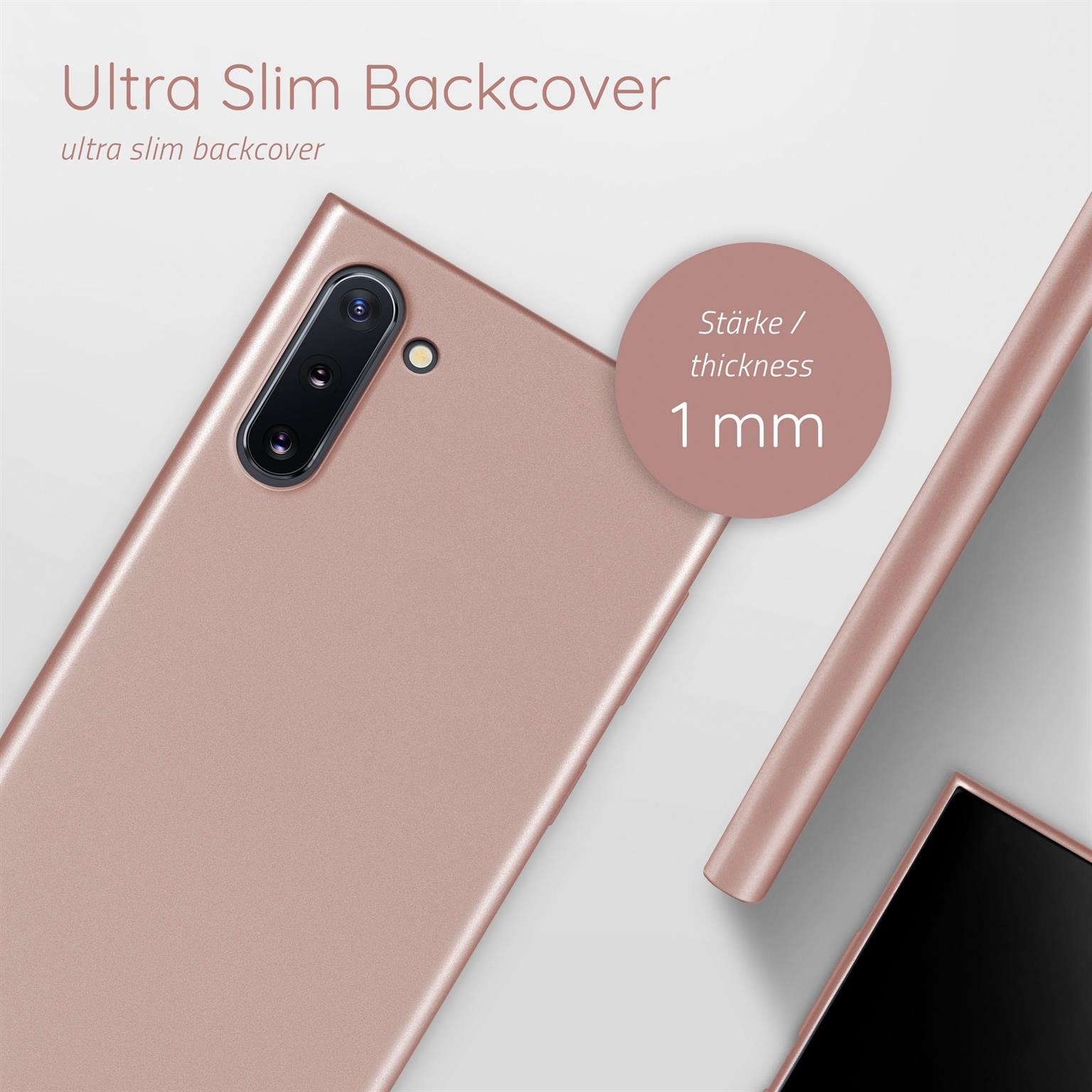 Roségoldene Handyhülle auf einer Oberfläche. 1 mm Dicke-Etikett ist sichtbar. Eine zweite Hülle ist ebenfalls gezeigt.