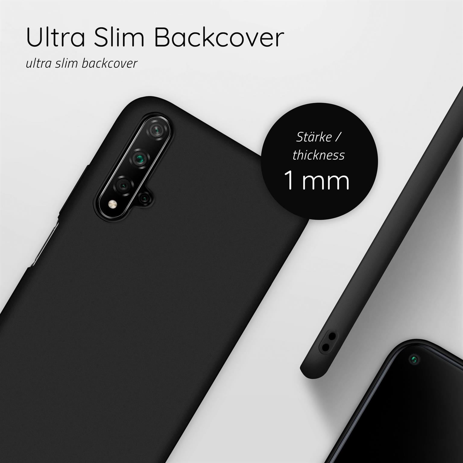 Schwarze Handyhülle mit Handy. Dicke 1 mm. Ultra schlanke Rückseite.