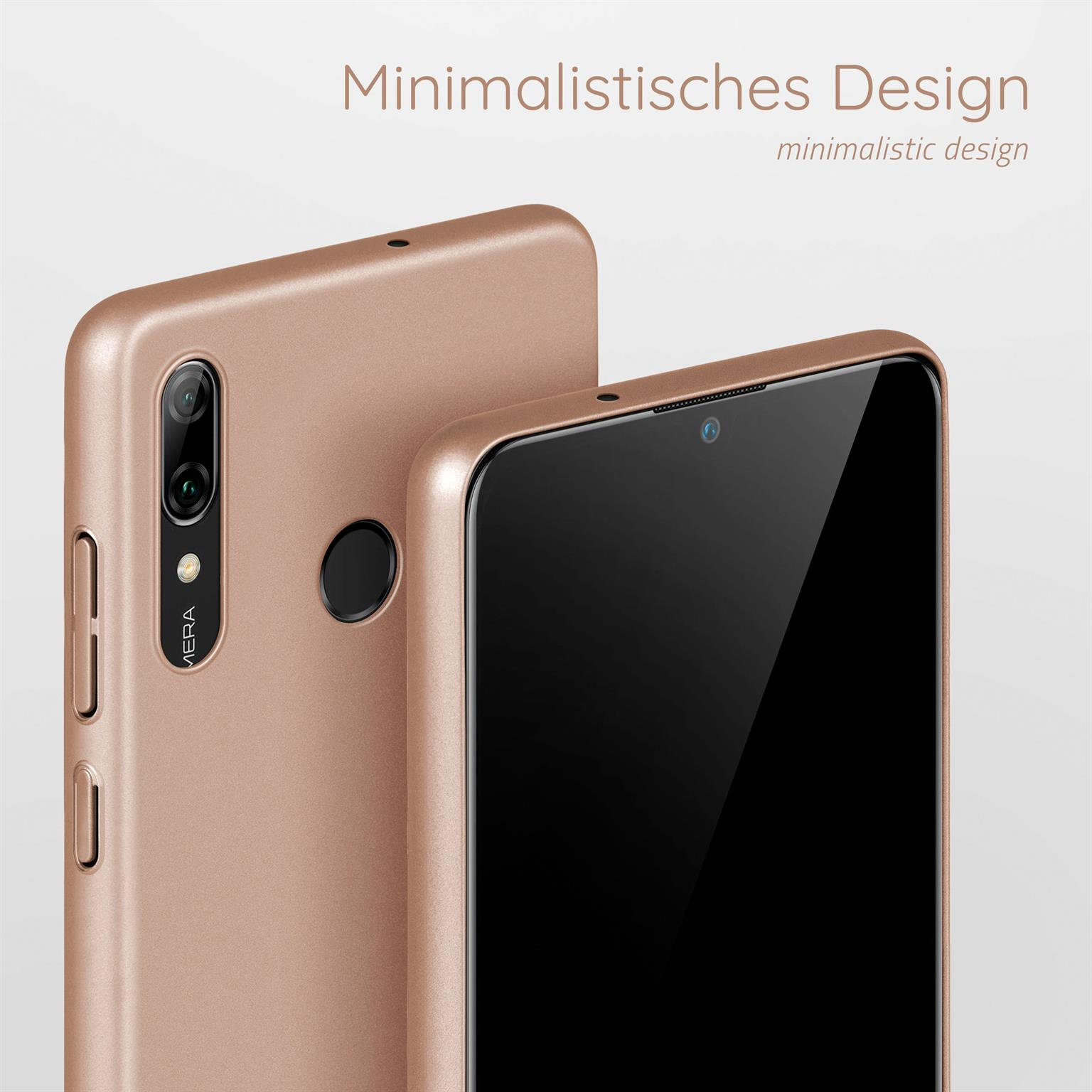 Zwei roségoldene Handyhüllen, eine im Fokus, mit Text.
