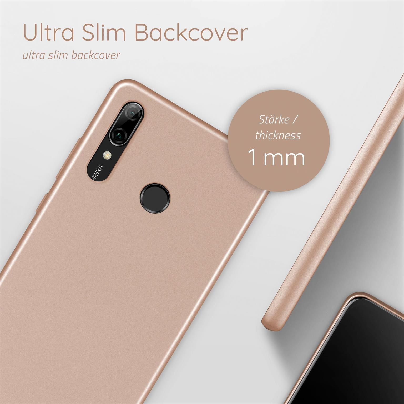 Roségoldenes Handycase mit einem Telefon. Text: 'Ultra Slim Backcover' und '1 mm Dicke'.