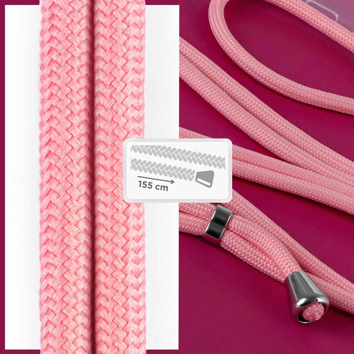 Nahaufnahme eines rosa Handy-Umhängebandes mit geflochtenem Muster. Weißer Text zeigt die Länge.