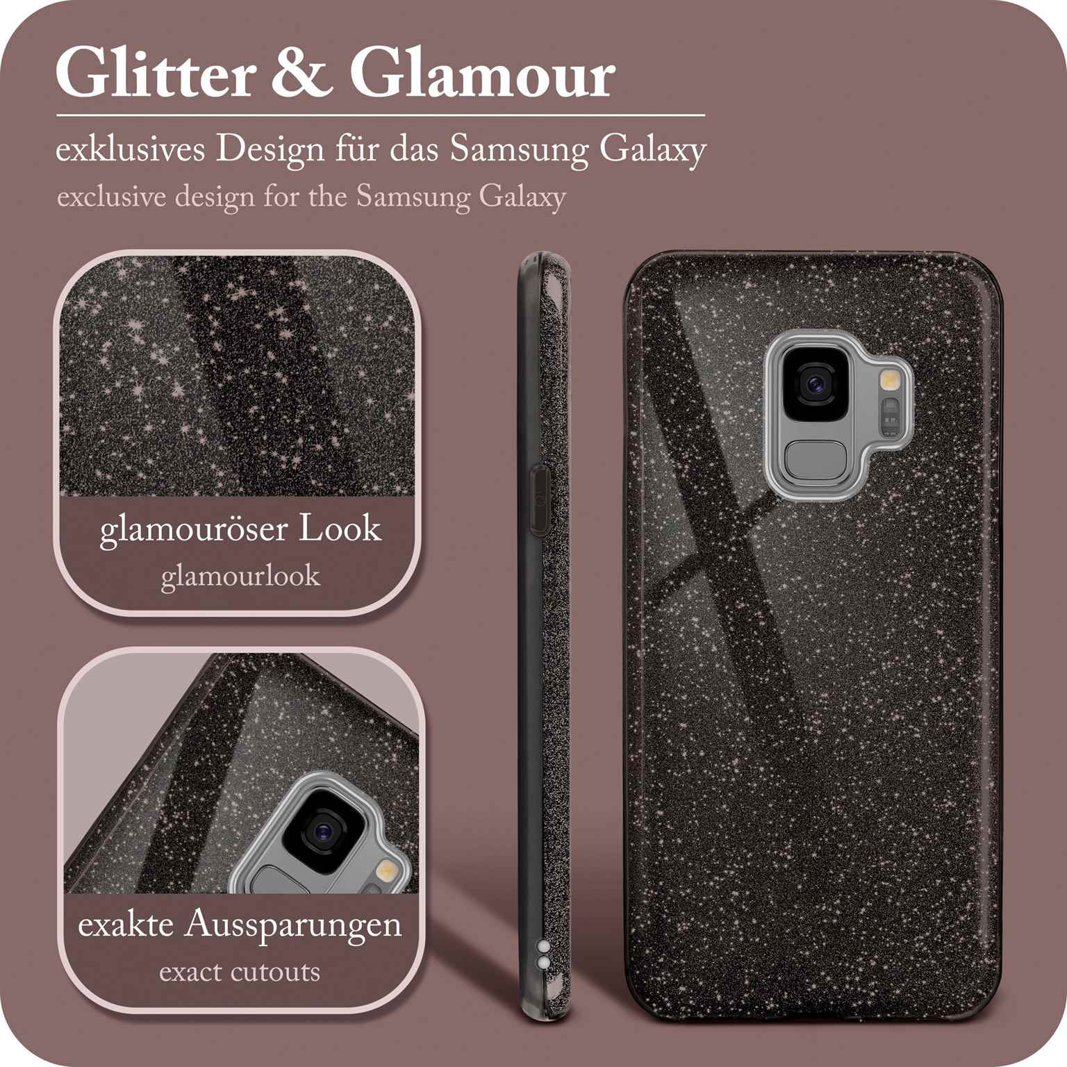 Glitzernde Handyhülle mit Nahaufnahmen und Text.