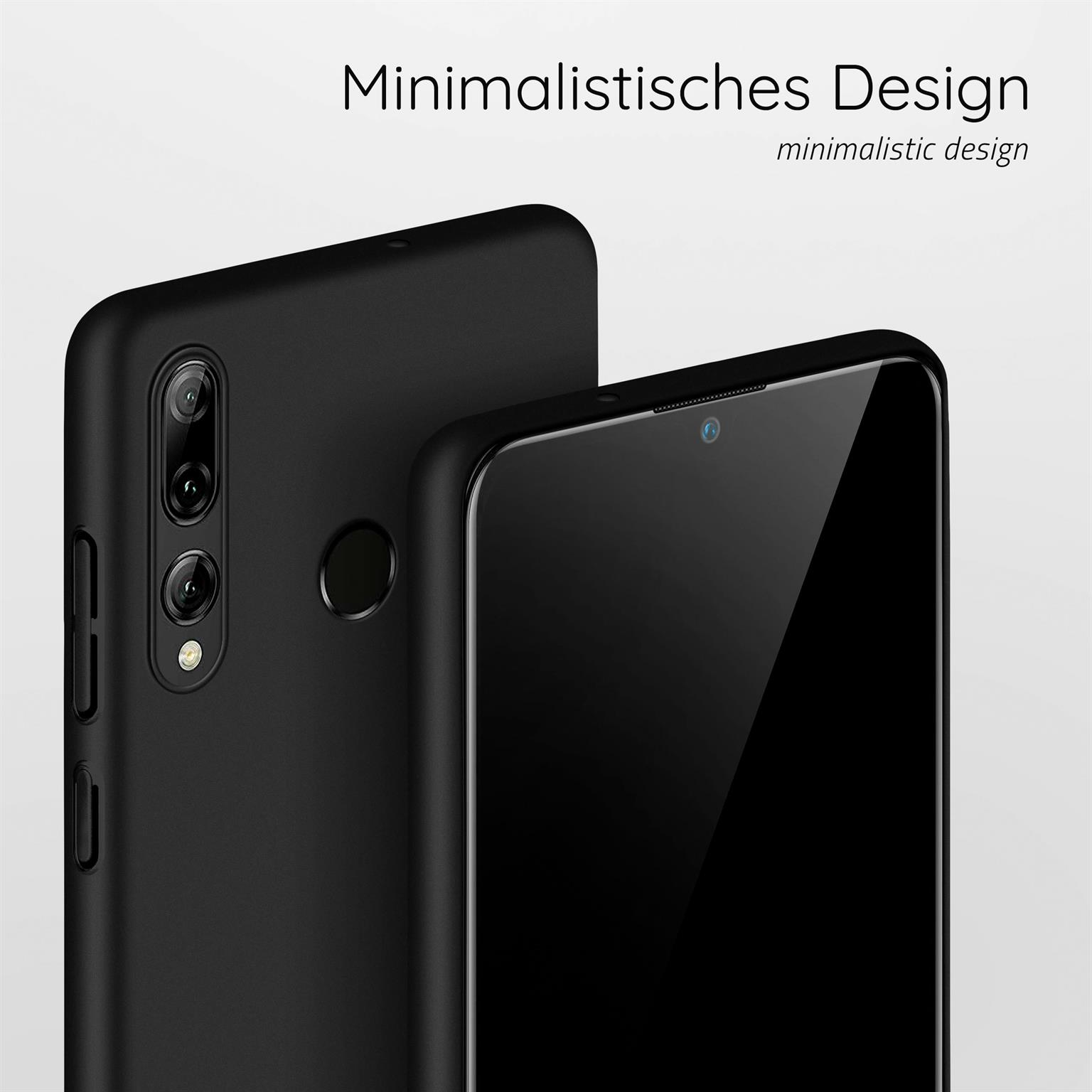 Schwarzes Telefon mit schwarzer Hülle. Minimalistisches Design-Text. Das Telefon auf weißem Hintergrund.