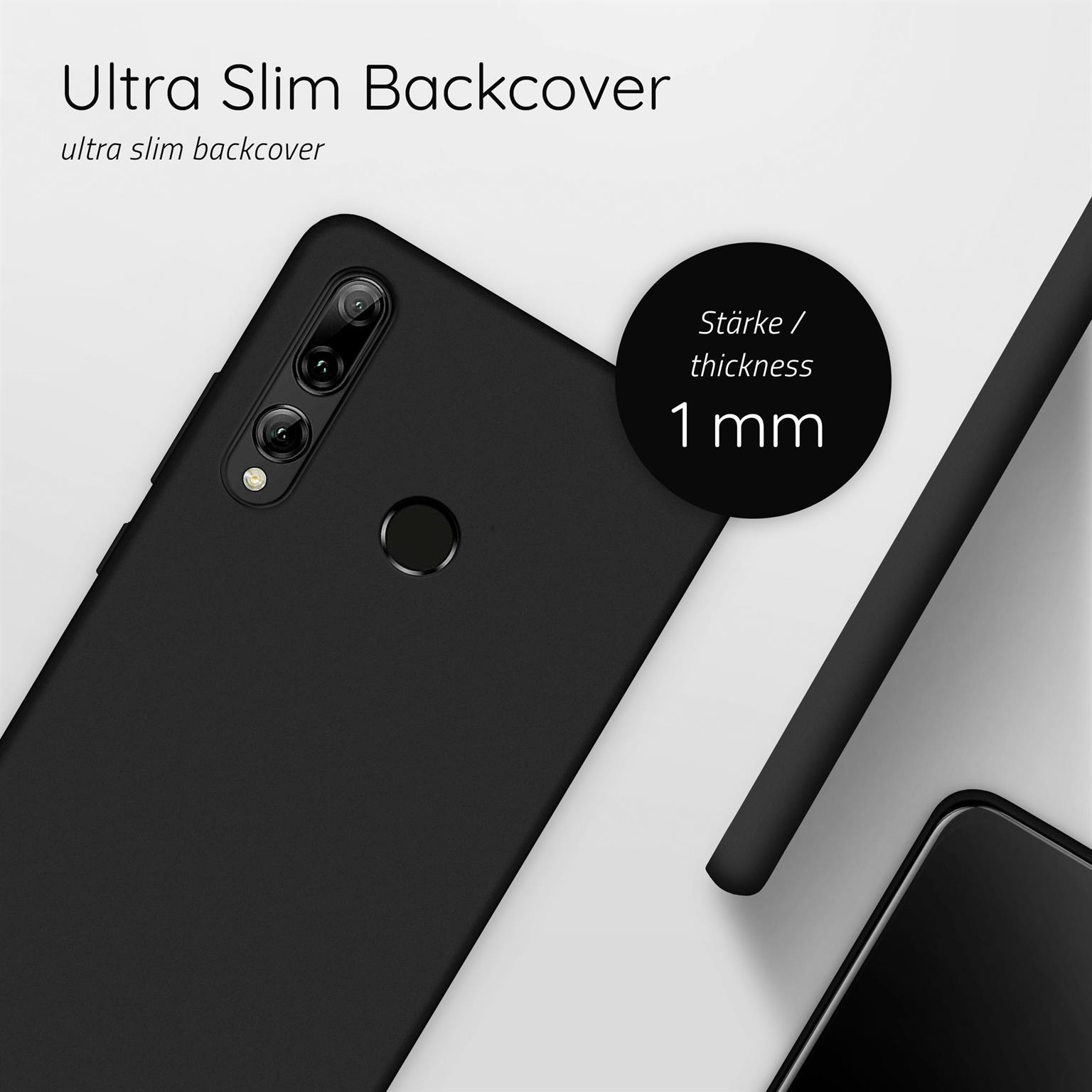 Nahaufnahme einer schwarzen Telefon-Rückseite. Der Text lautet: Ultra Slim Backcover, 1 mm Dicke.