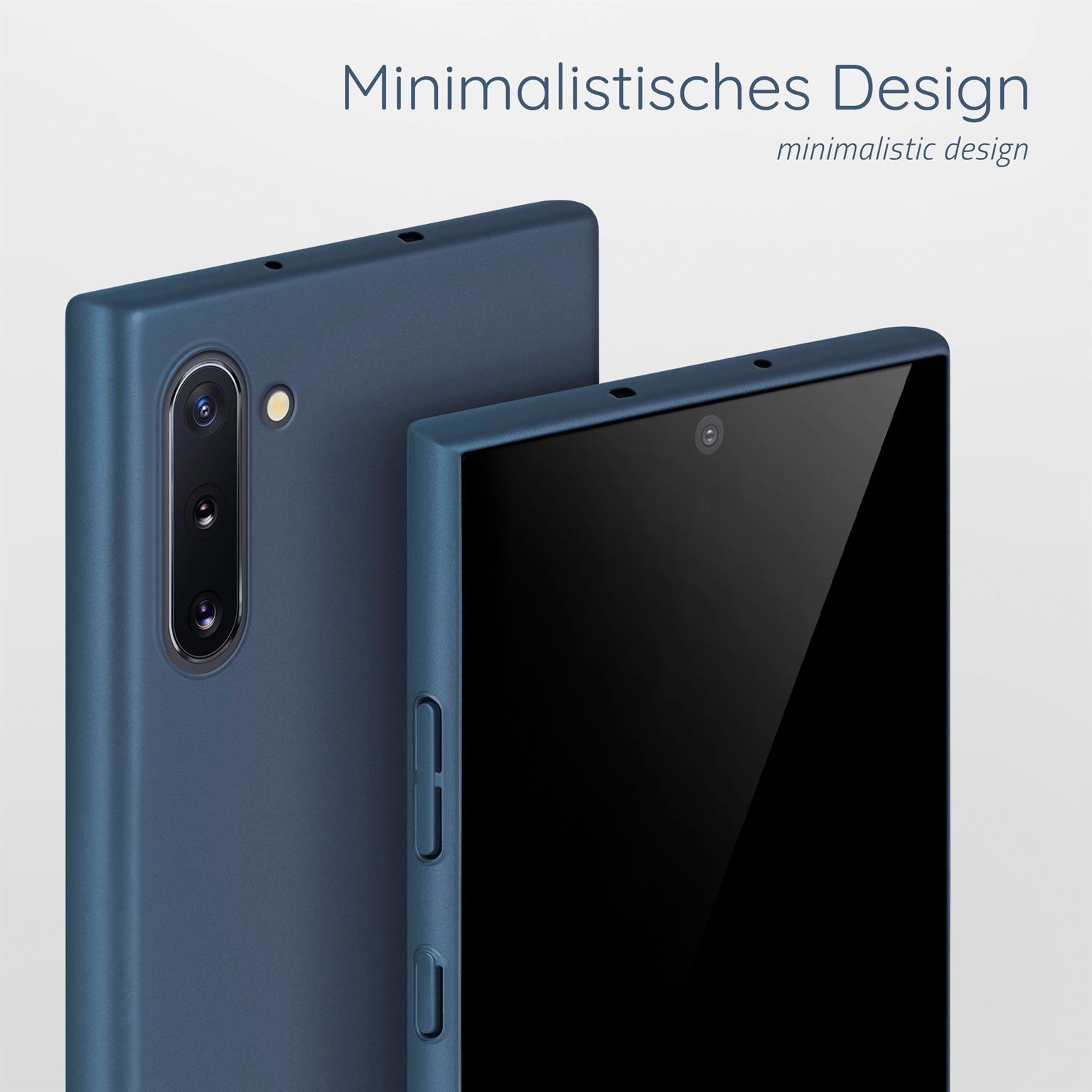 Zwei blaue Handyhüllen, eine zeigt die Rückseite und eine die Vorderseite.