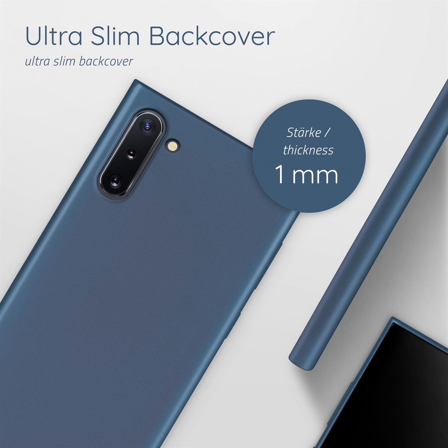 Eine blaue Handyhülle mit einem Telefon. Die Dicke der Hülle beträgt 1 mm.