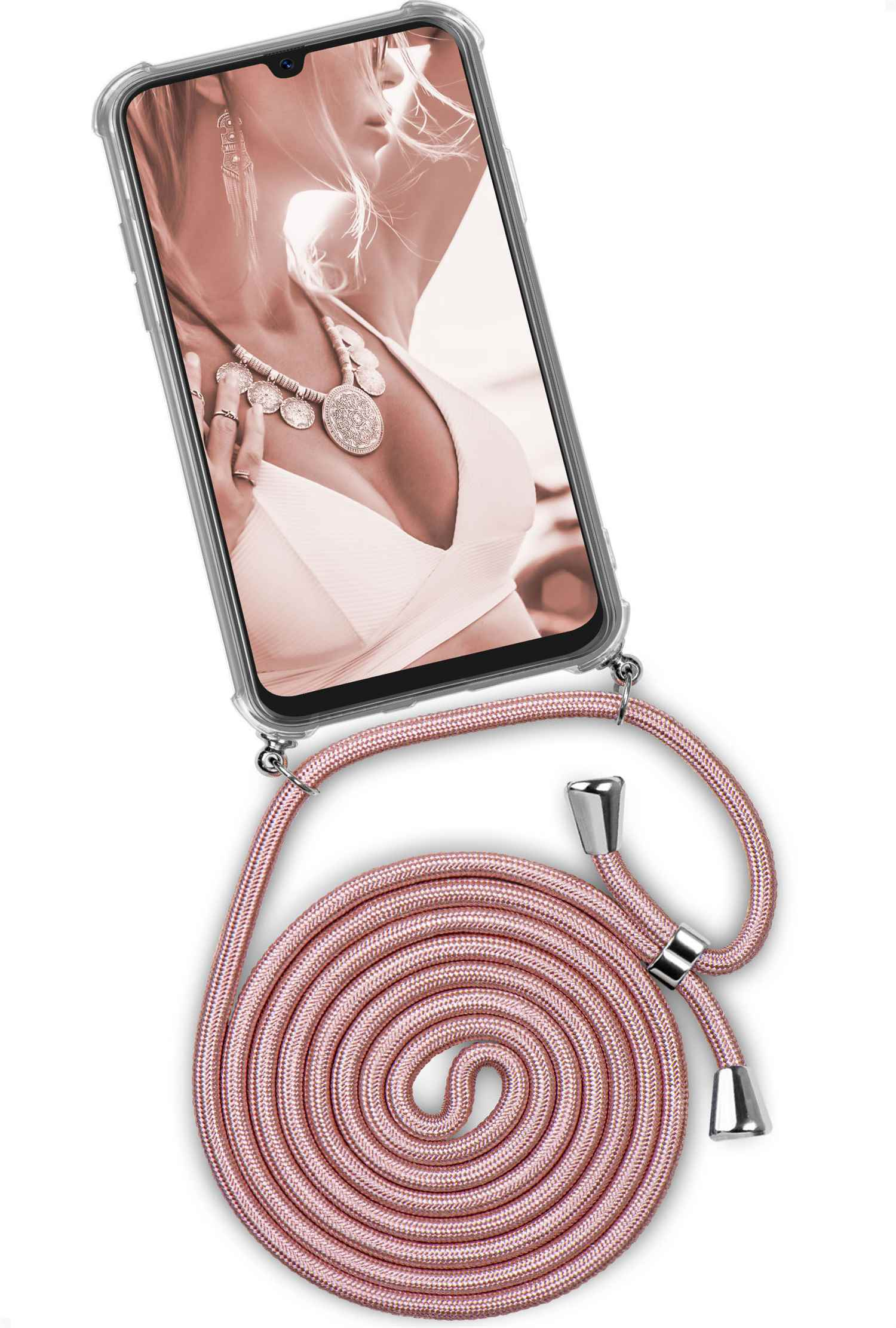 Telefon in klarer Hülle mit rosa Seil. Das Telefon zeigt eine Frau mit Halskette vor grünem Hintergrund.