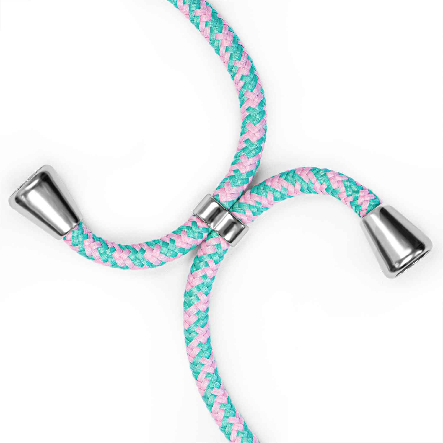 Nahaufnahme eines rosa- und türkisblauen Seil-Handybandes mit silbernen Endkappen und Ring.