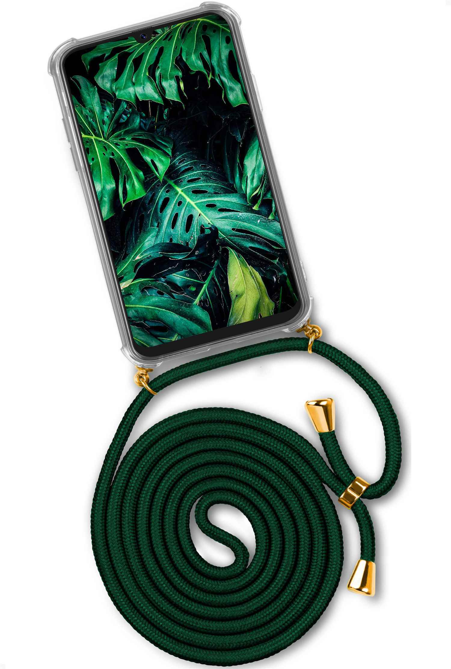 Ein Telefon in einer transparenten Hülle mit grünen Blättern, befestigt an einem grünen Seilband mit goldfarbenen Akzenten.