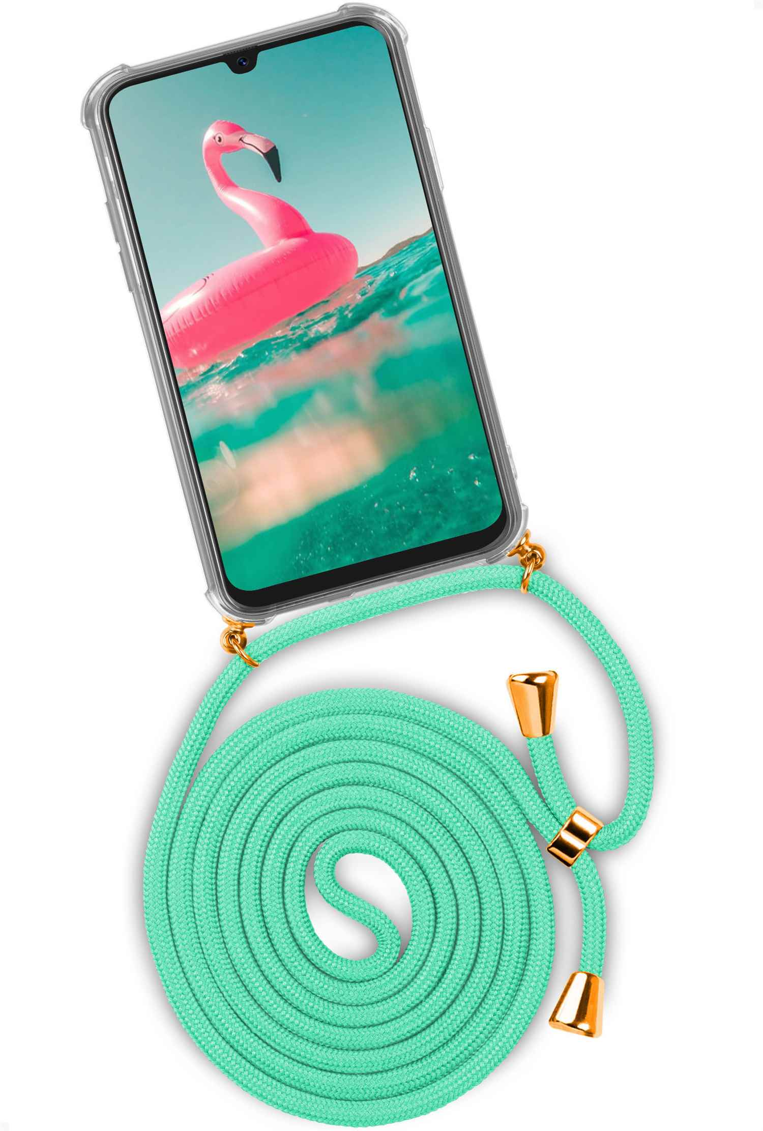 Telefon mit Flamingo-Bild. Grünes Kabel. Goldakzente. Klare Hülle.