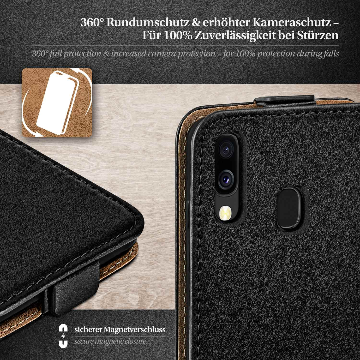 Schwarze Leder-Handyhülle mit goldfarbenen Nähten und Magnetverschluss. Nahaufnahme.