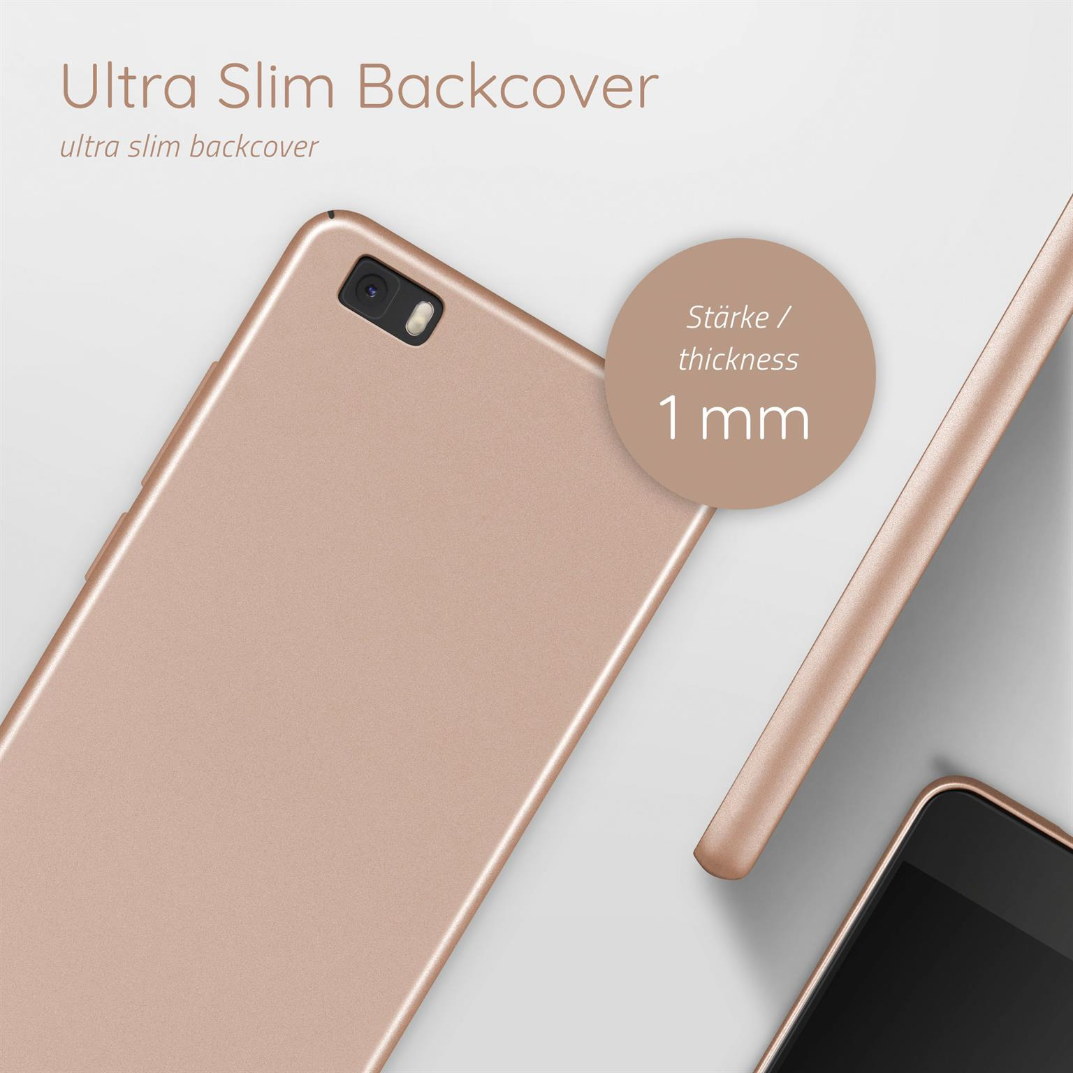 Roségoldfarbene Handy-Rückseite, mit Detais zur Dicke von 1 mm.