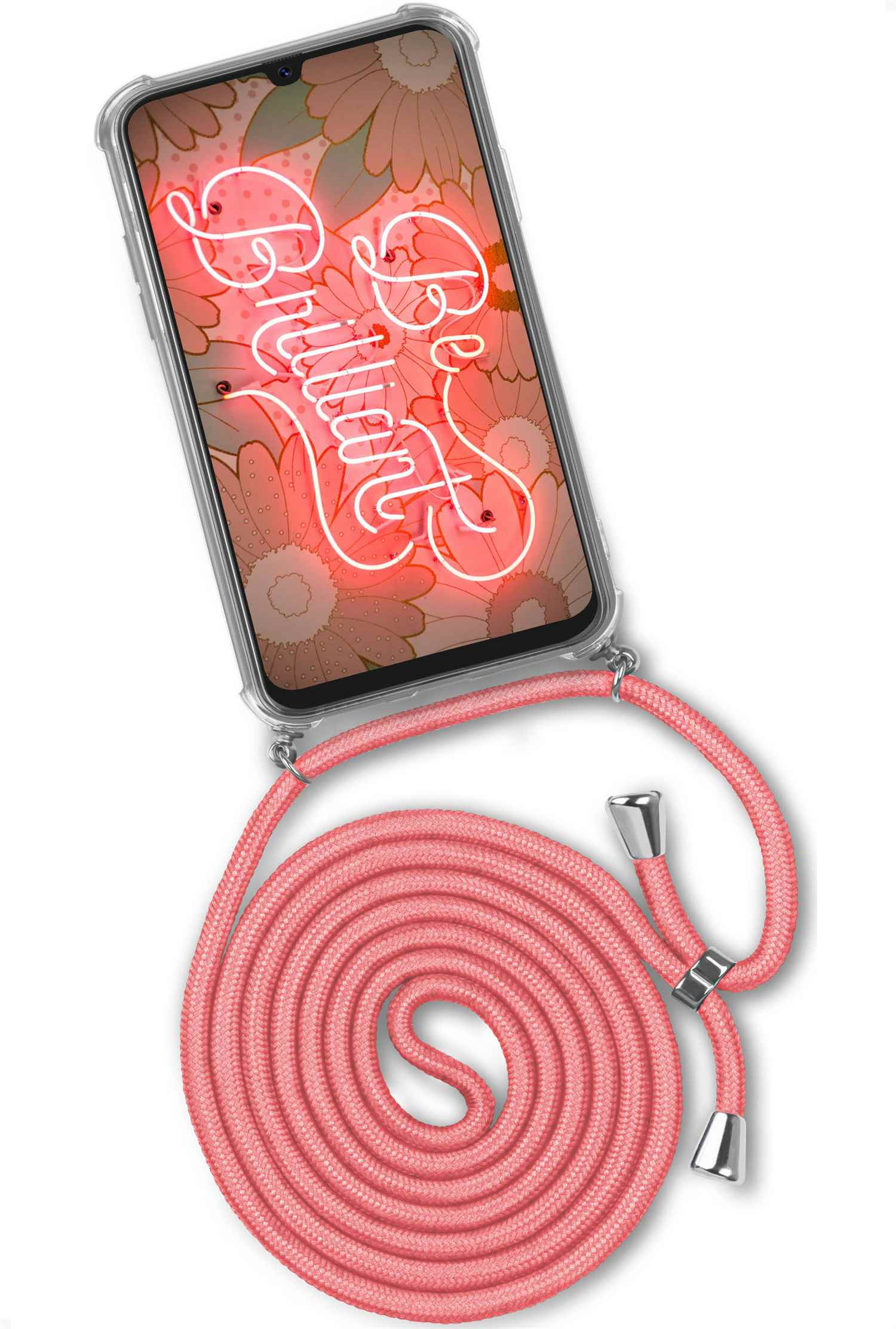 Telefon mit transparentem Gehäuse und pinkfarbenem Kabel. Das Telefon zeigt Text: 'Be Brilliant, Be Shiny'.