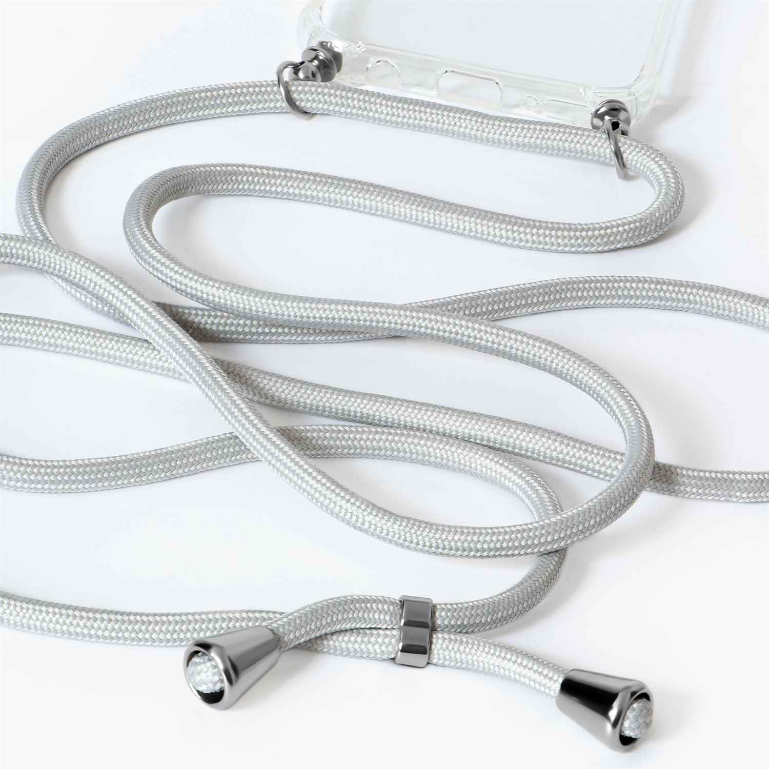 Silbernes Telefon-Lanyard mit durchsichtiger Handyhülle vor weißem Hintergrund, mit silbernen Details.