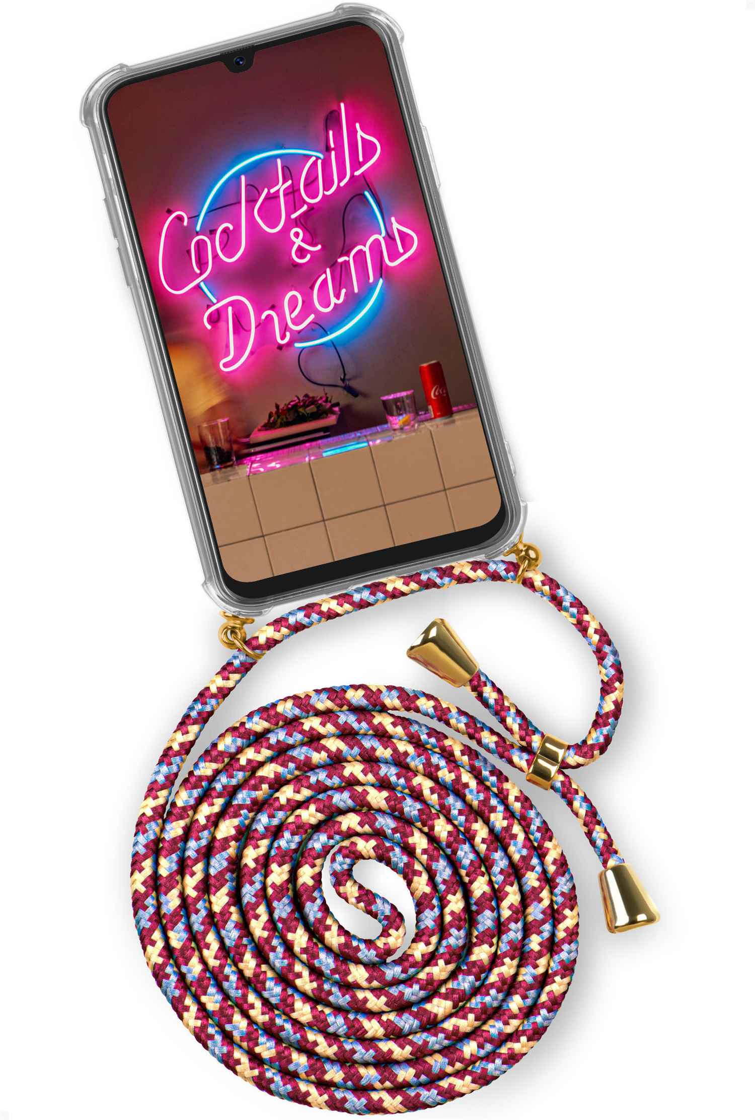 Telefon mit Neon-Schriftzug 'Cocktails & Dreams' und einer Schnur.