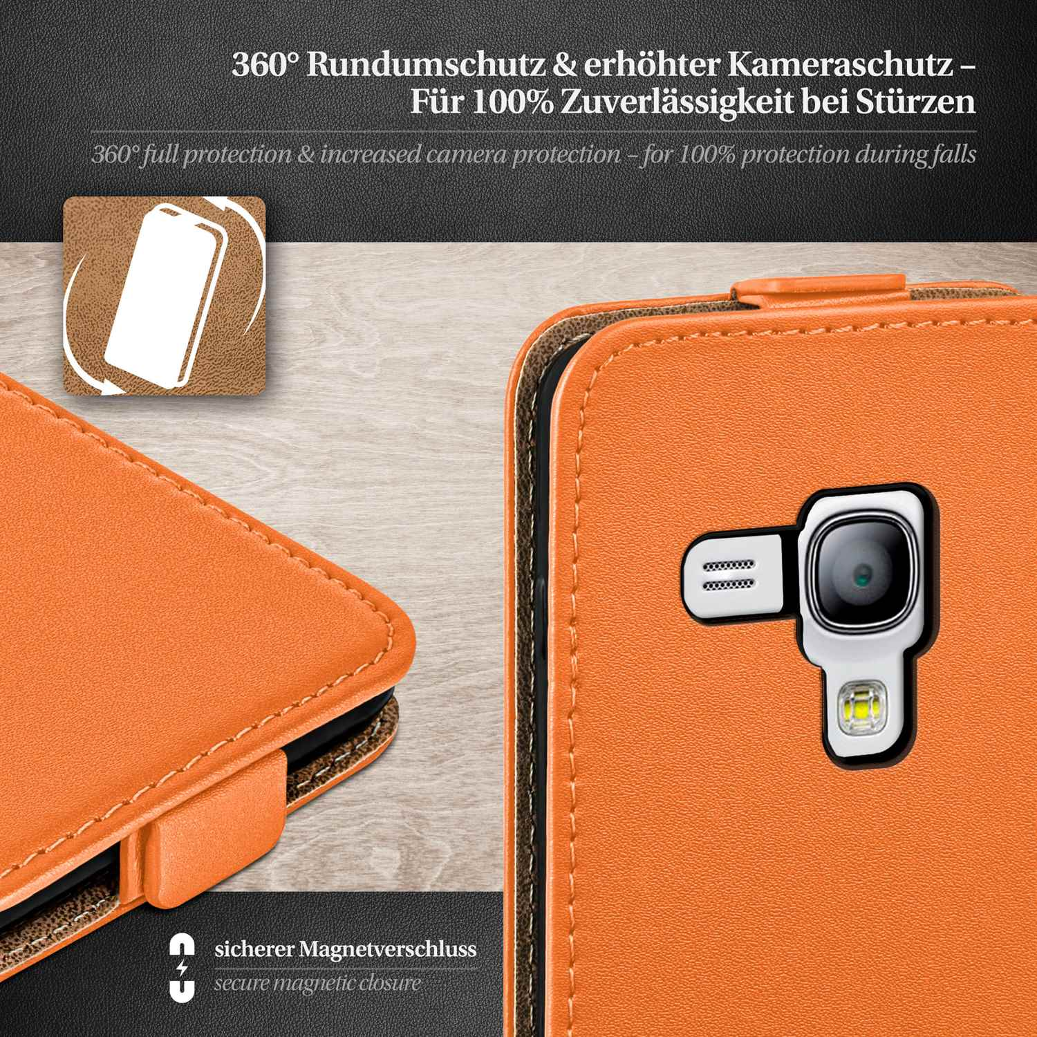 Orangefarbene Handyhülle mit schwarzem Cover, mit sicherem Magnetverschluss und Kameraschutz.