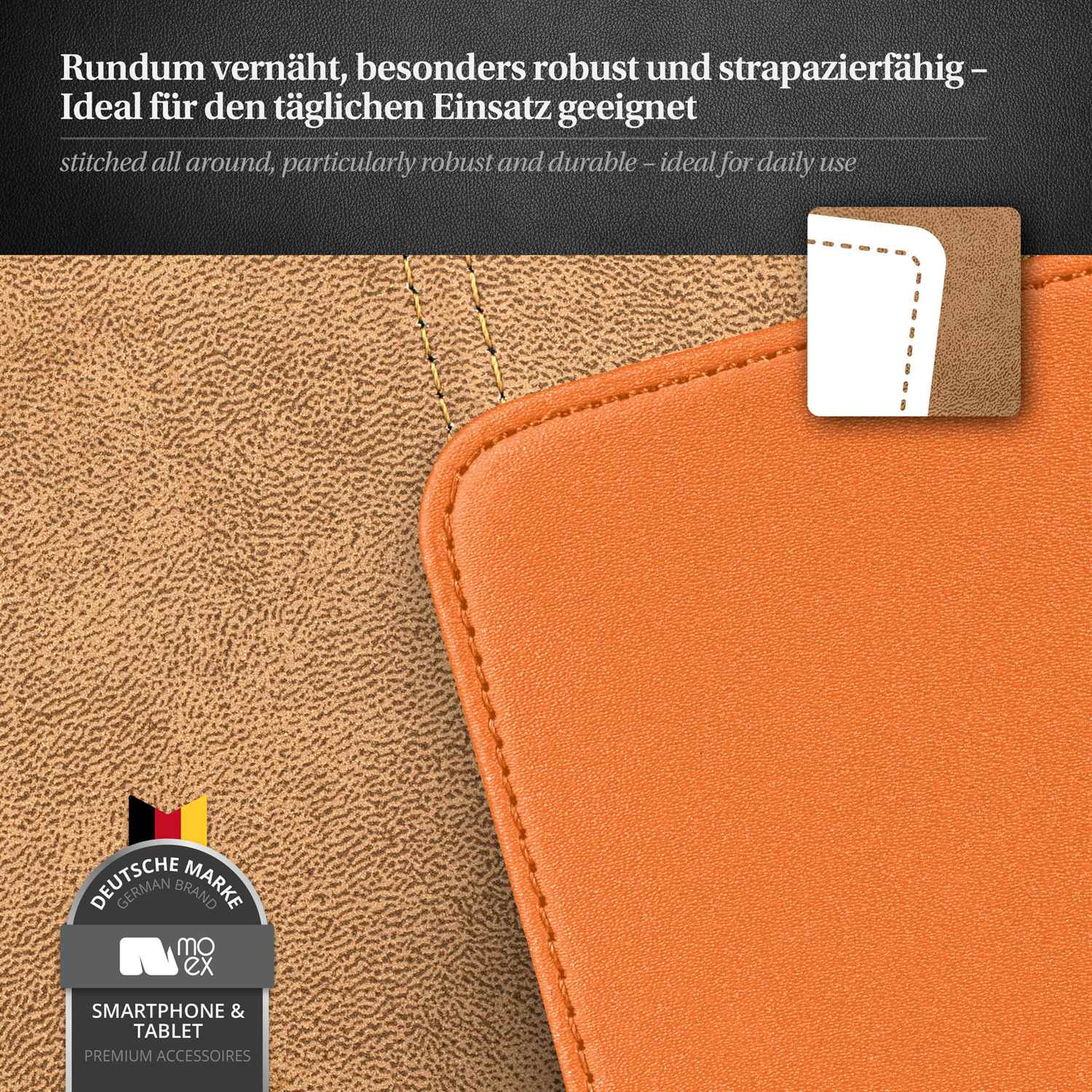 Orangenes Lederetui mit Text: 'Rundum vernäht, besonders robust und strapazierfähig - ideal für den täglichen Einsatz.'