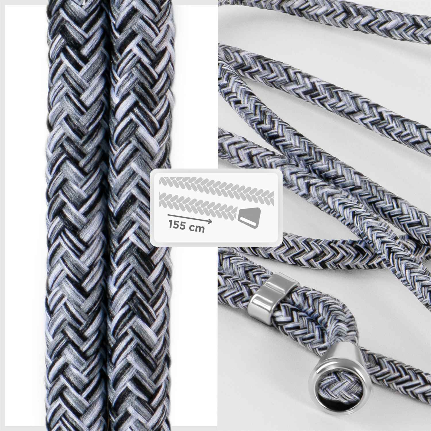 Zwei Kordeln, grau und schwarz geflochten. Das Kabel ist als Handyschlaufe konzipiert.