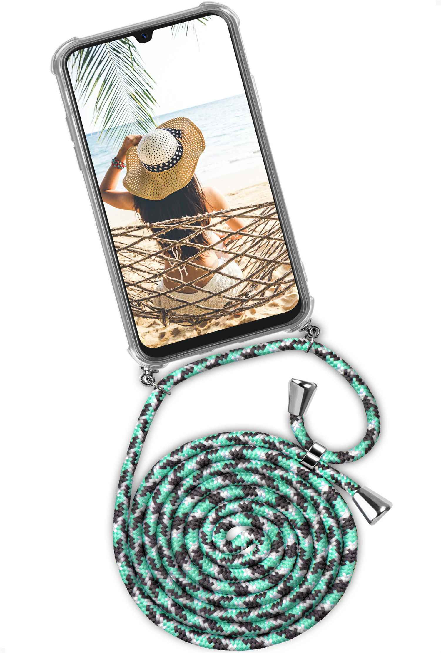 Telefon mit durchsichtiger Hülle und mintgrünem und schwarzem Seil. Das Telefon zeigt eine Frau am Strand.