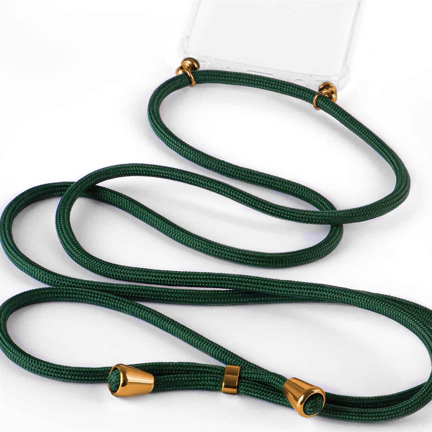 Grünes Telefon-Lanyard mit goldenen Enden.