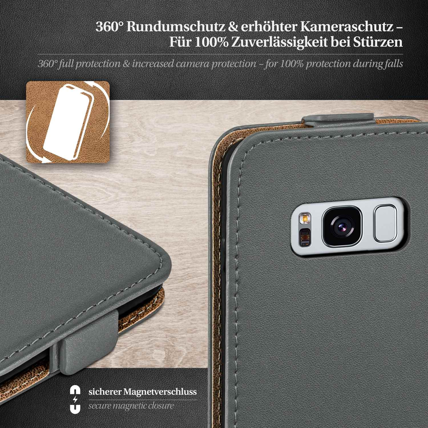 Nahaufnahme einer Handyhülle mit Schutzfunktionen, Text: 360° Rundumschutz für Stürze.