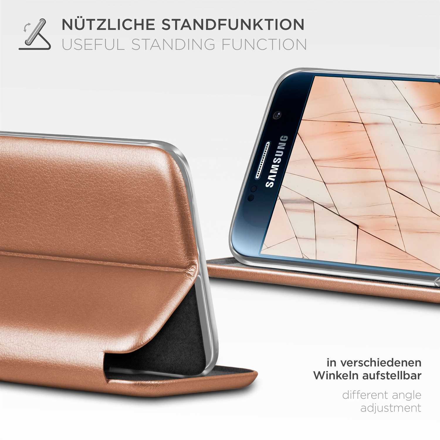 Telefon in brauner lederähnlicher Hülle. Abgewinkelt, um den Bildschirm und die Standfunktion zu zeigen.