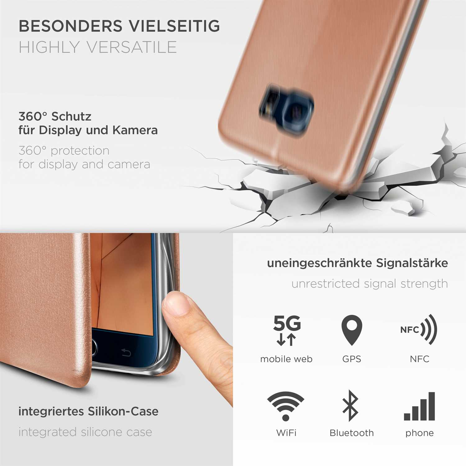 Handyhülle auf gerissener Oberfläche, mit Symbolen für 5G, WLAN, NFC, GPS, Bluetooth und Telefon.