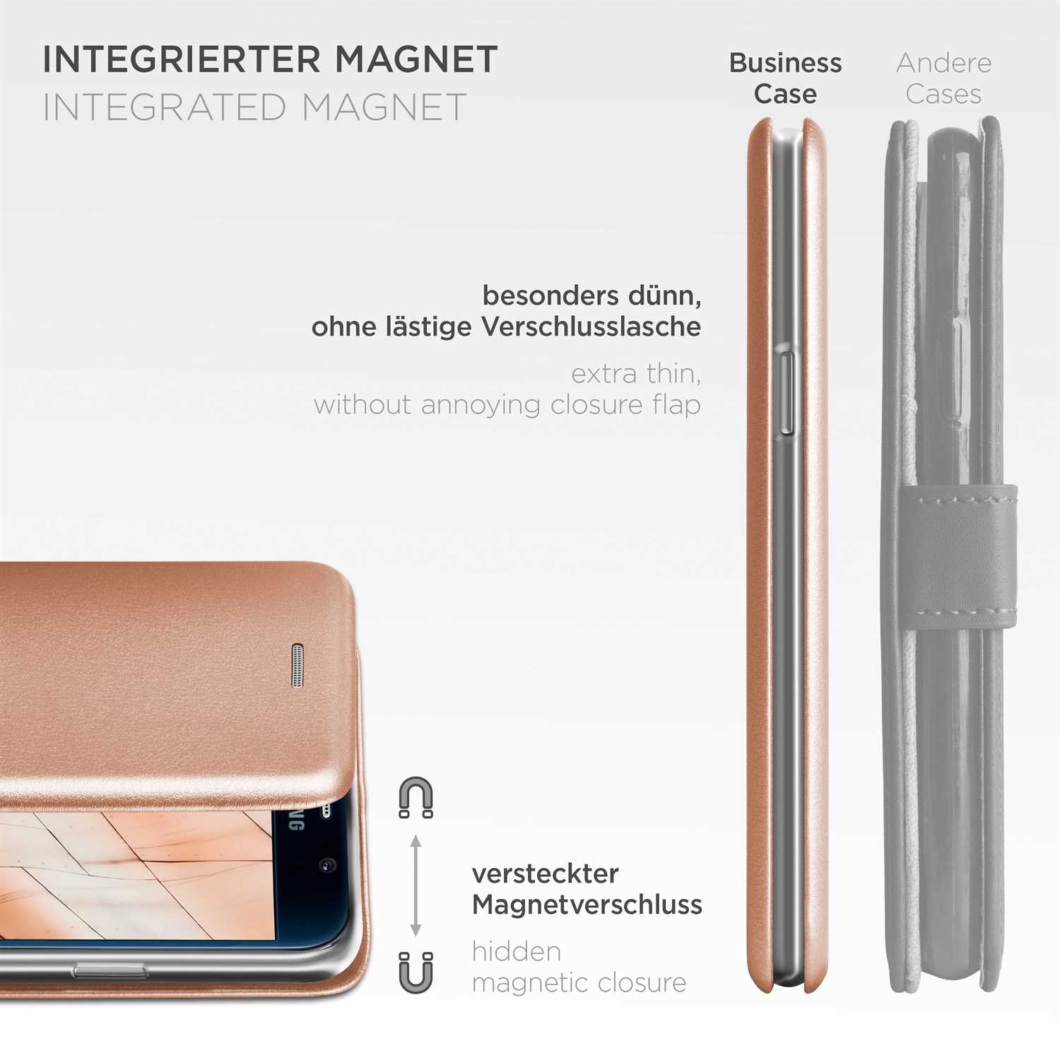 Roségold-Handyhülle, integrierter Magnet und extra dünnes Design mit verstecktem Magnetverschluss.