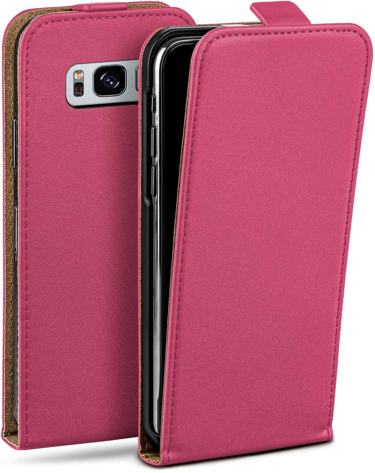 Pinke Leder-Handyhülle mit offener Hülle. Braune Verkleidung. Telefon im Inneren. Der Hintergrund ist weiß.