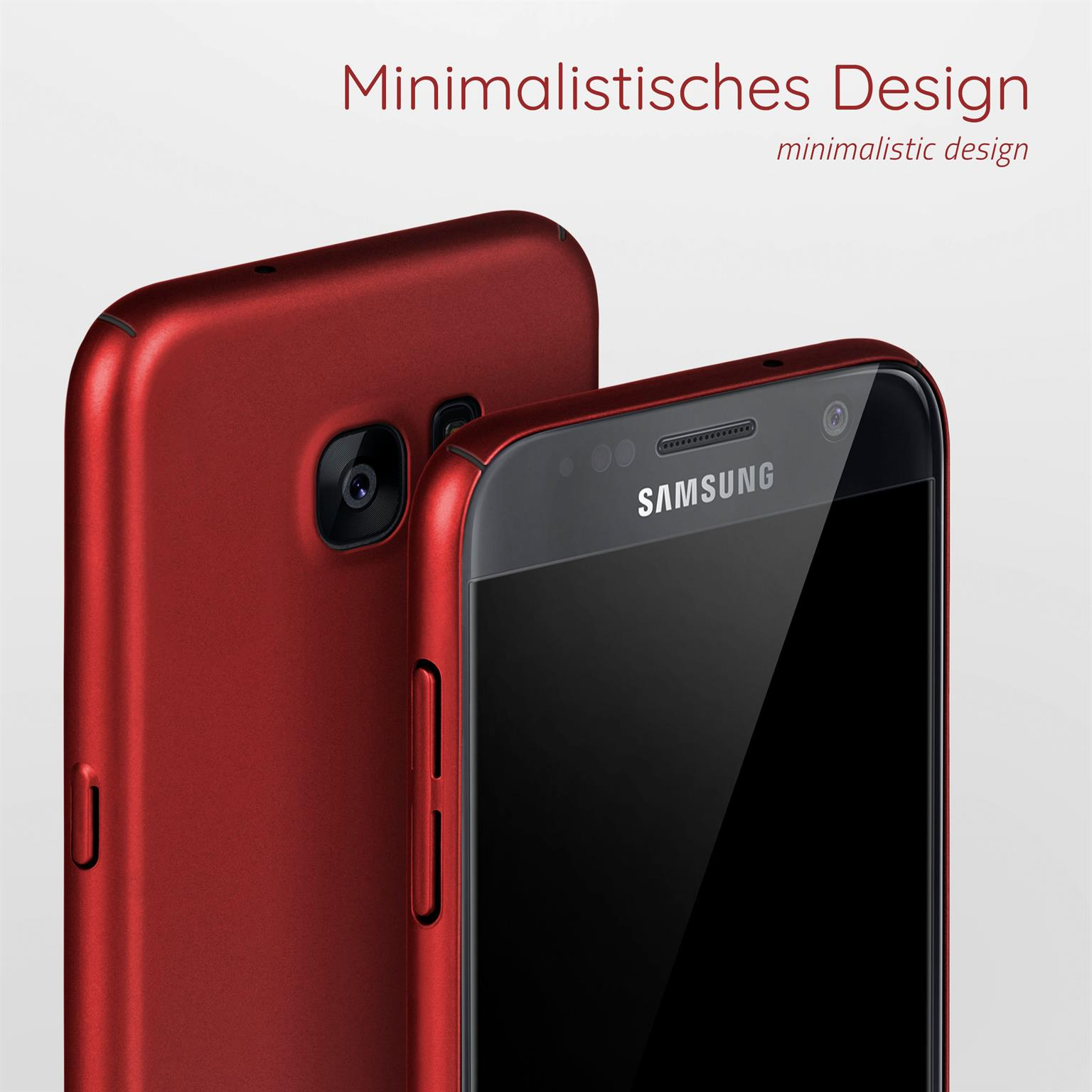 Nahaufnahme eines roten Telefons neben einer roten Handyhülle, mit Text über das Design.