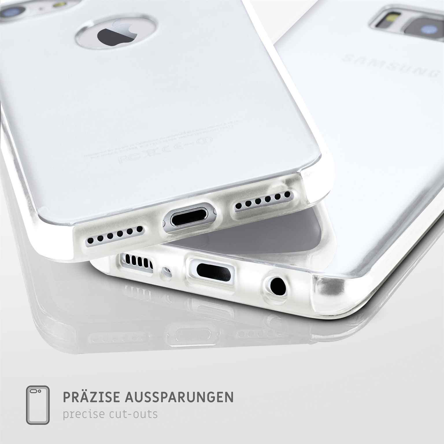 Nahaufnahme von zwei Handyhüllen mit präzisen Aussparungen. Eine mit klarem, weißem Design.
