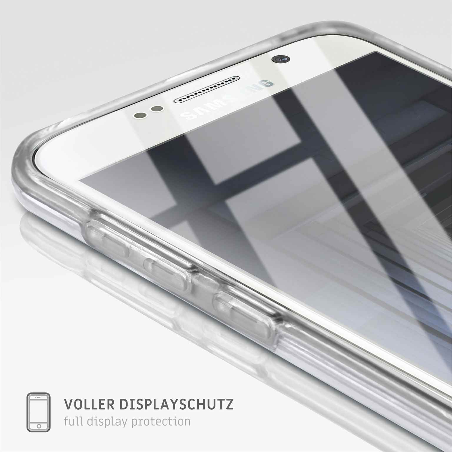 Weißes Telefon mit einer durchsichtigen Hülle. Das Telefon hat einen weißen Bildschirm.