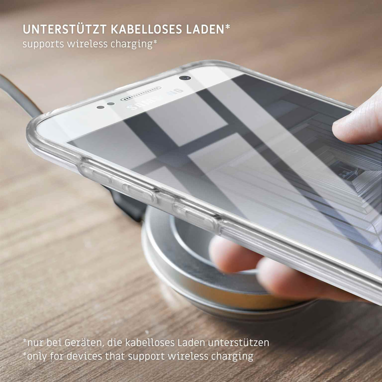 Telefon lädt kabellos. Text: unterstützt kabelloses Laden. Weißer Hintergrund.