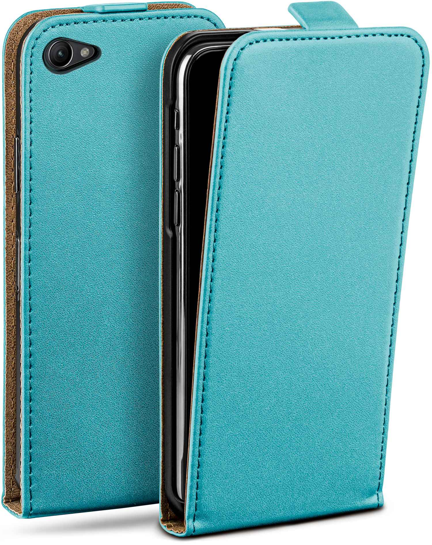 Türkisfarbene Leder-Handyhülle. Telefon in der Hülle. Braun und türkis. Genähte Kanten.