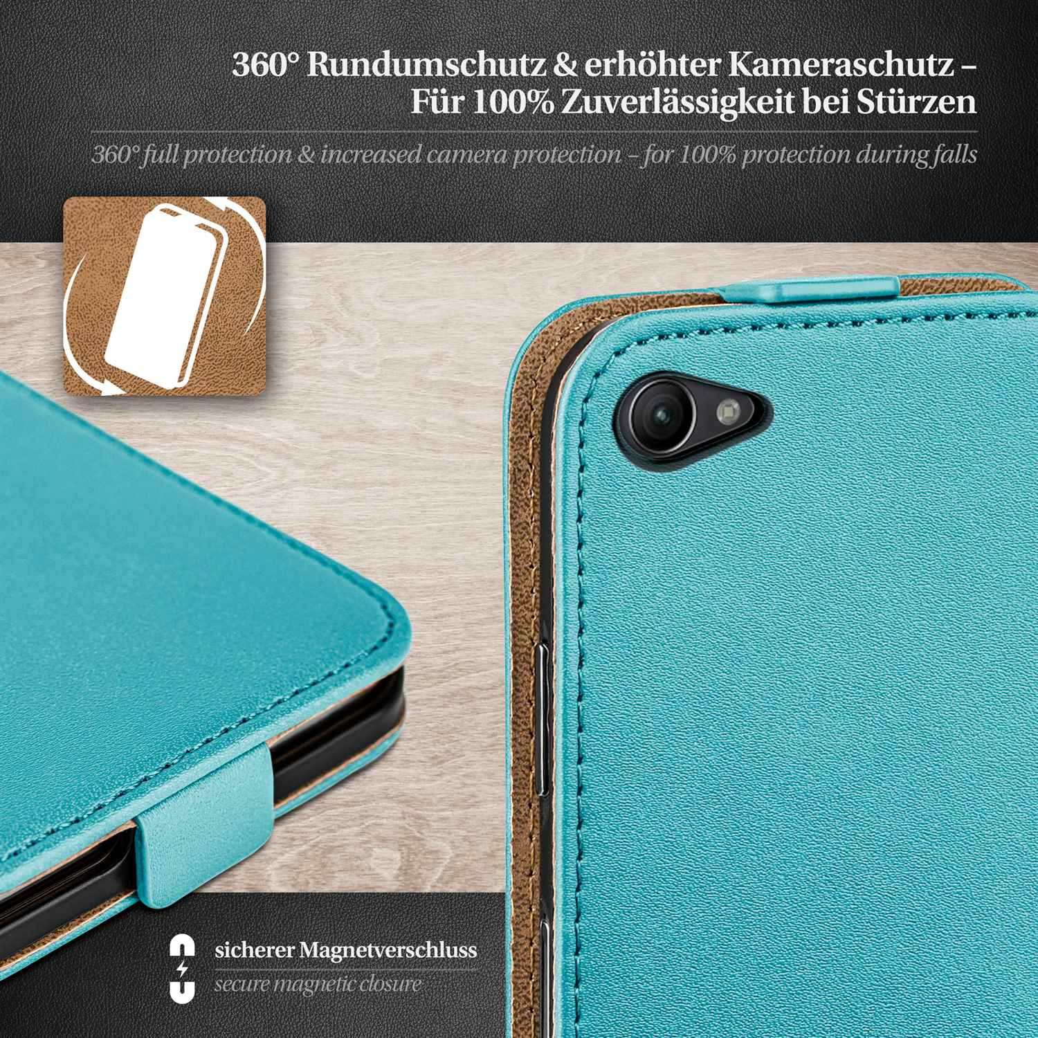 Blaue Leder-Handyhülle mit goldfarbenen Nähten und Magnetverschluss. Nahaufnahme.