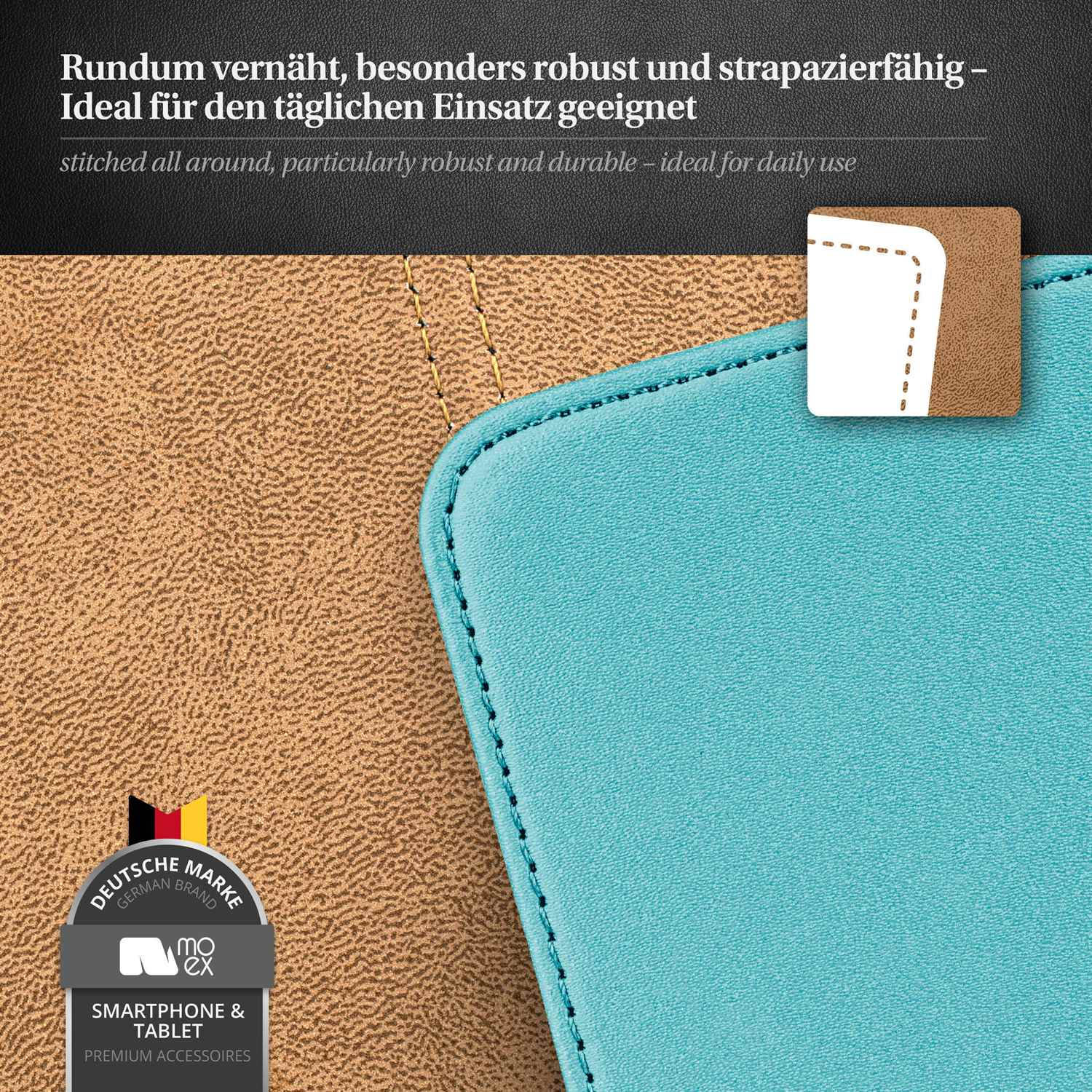 Nahaufnahme einer braunen und türkisfarbenen Handyhülle. Text: Rundum vernäht, besonders robust und strapazierfähig.