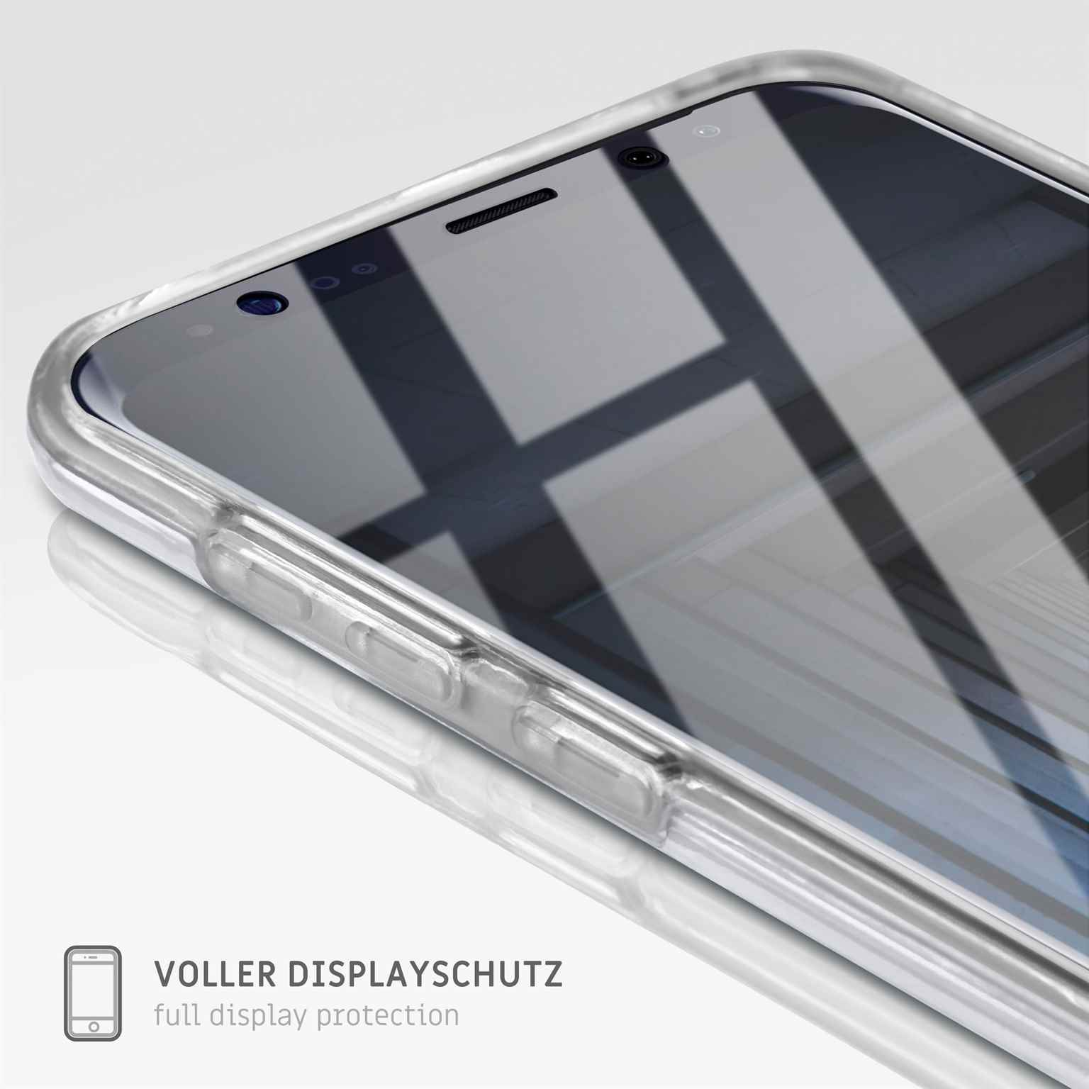 Nahaufnahme einer durchsichtigen Handyhülle, die einen Telefonbildschirm schützt. Text unten: 'voller Displayschutz'.